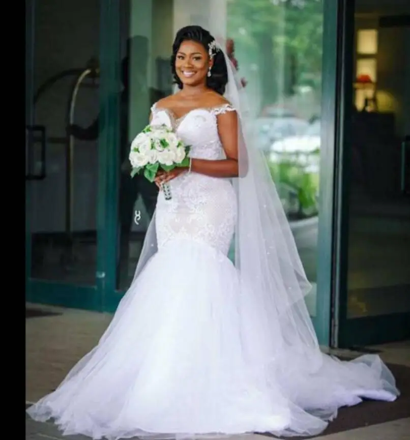 

Платье свадебное кружевное с открытыми плечами, винтажное длинное с аппликацией, Русалка, большие размеры, на заказ