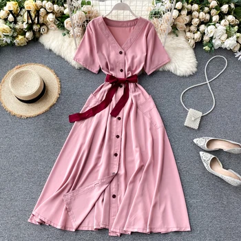 

YuooMuoo Elegant Pink Sash Bandage Women Dress Fashion Short Sleeve Buttons Long Dress Summer Vintage Party Ladies Dresses