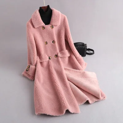 Pink Высококачественная Женская куртка из овечьей шерсти, зимняя теплая свободная однотонная длинная двубортная шуба из искусственного меха ягненка, женская верхняя одежда - Цвет: Pink