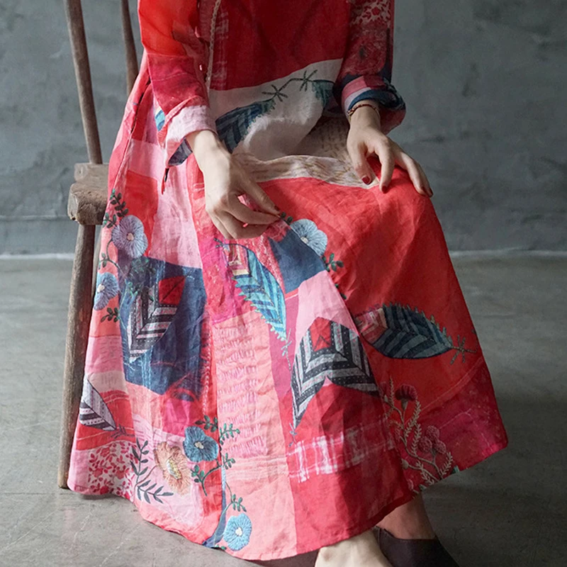 Johnature женское платье с пряжкой и цветочным принтом на шнуровке, осень, новое винтажное женское платье с длинным рукавом из хлопка и льна