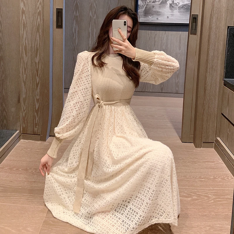 

Autumn Winter New Fashion Women High Waist Thin Elegant Over The Knee Lace Stitching Knitted Bubble Long-Sleeved Dress