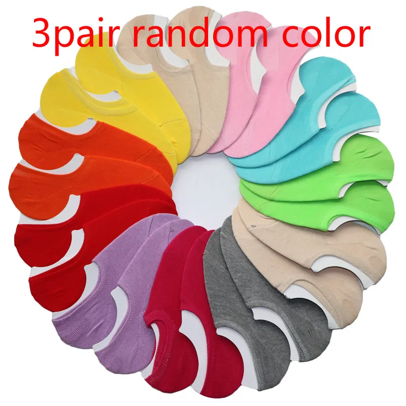 Random Color 3 пары невидимых носков для женщин, яркие цвета, без показа, носки-лодочки, нескользящие носки, тапочки с закрытым носком, женские низкие носки Meias - Цвет: Random Color