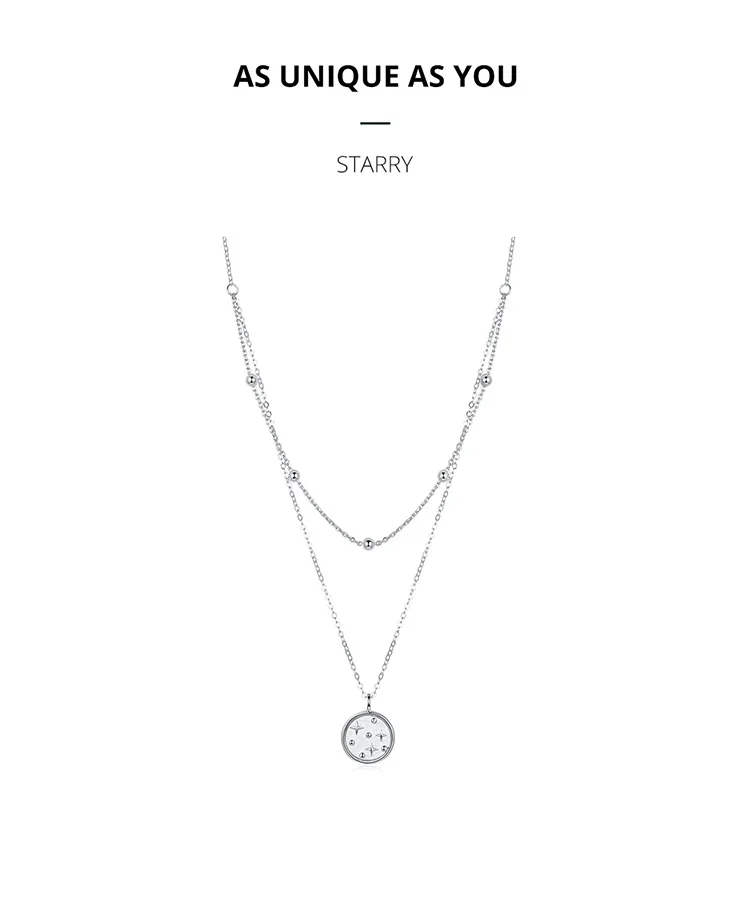 bamoer Double Layer Coin Necklace for Women Genuine 925 Sterling Silver Bead Chain Star Necklaces Female Fine Jewelry SCN365