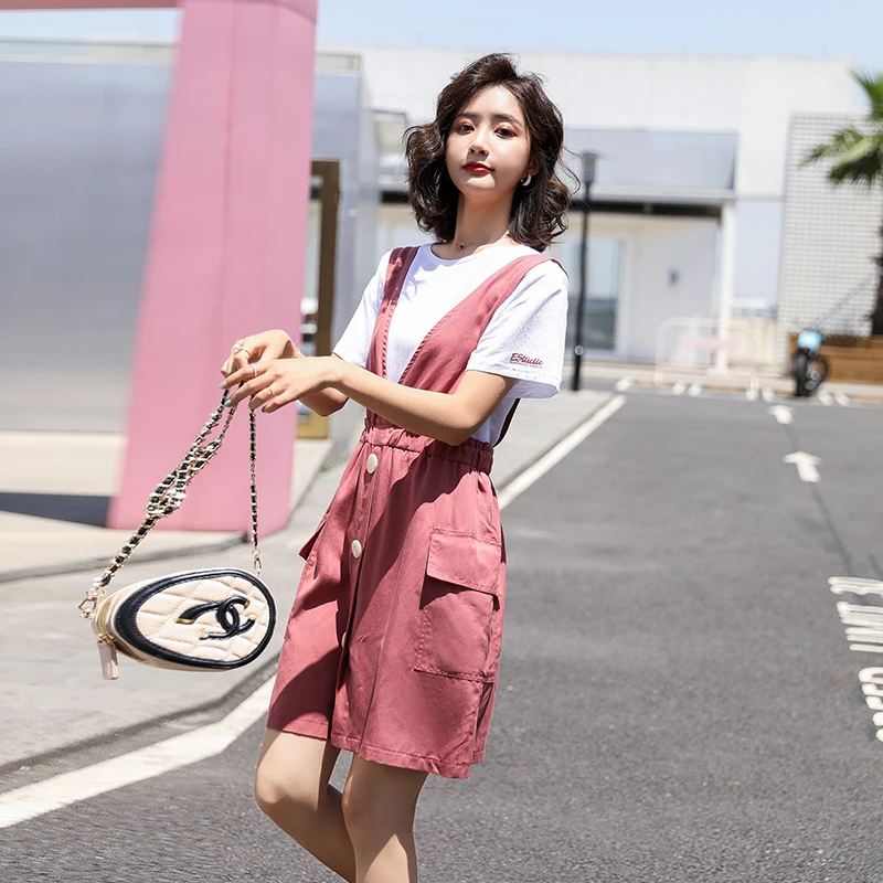 

Women Two Pieces Set Summer 2020 New Korean-Style Loose-Fit Short-Sleeved T-shirt Two-Piece Strap Skirt