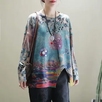 

[EWQ] 2020 Spring New Pattern Round Collar Long Sleeve Hit Colors Print Knitting Asymmetrical Streetwear Sweater Women AK391