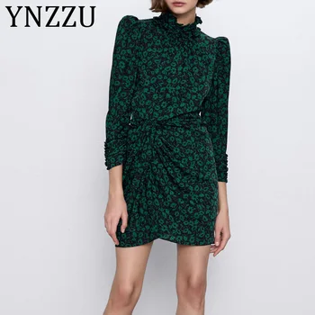

YNZZU Floral Print Green Ruffled Long Sleeve Dress Women 2020 New Elegant Bodycon Split Ladies Short Dresses Vestidos AD369
