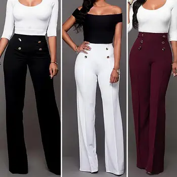 

Hot Casual Women Solid Color Loose Wide Leg Trousers High Waist Button Decor Pants