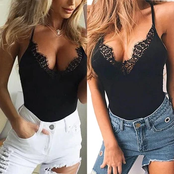 

Plus Bodysuits 2020 Women Halter Jumpsuits Black White Eyelash Lace Ladies Costumes Deep V Milk Silk Rompers