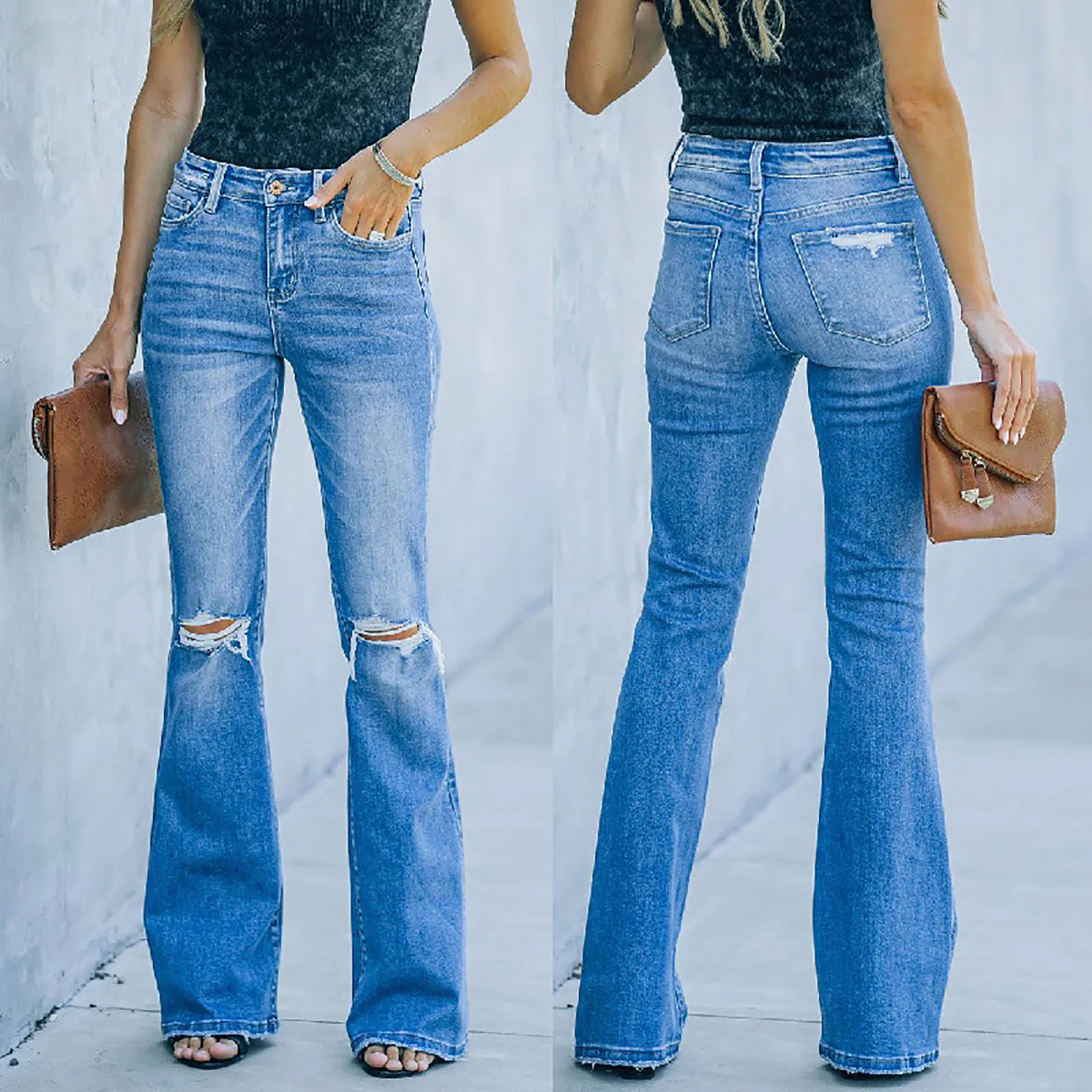 Jeans Women Fashion Casual Solid Color Flare Pants Jeans Pocket Pants Women's Jeans Pantalones De Mezclilla Korean Fashion Капри 1