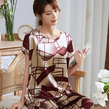 

Summer Flower Print 110KG Women Silk Pajamas Set Cropped Pant Short Sleeve Pyjamas Grace O Neck Large Size Pajama Set L-5XL 4009