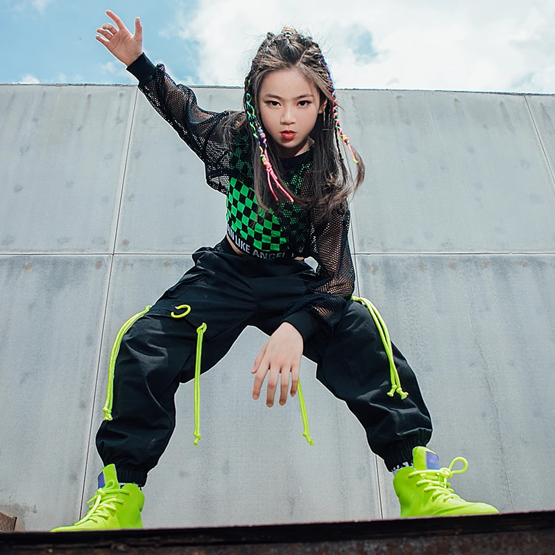 Ballroom Hip Hop Dancing Clothes Girls Net Tops Green Lattice Vest Loose Black Hip Hop Pants Jazz Street Dance Stage Wear BL7107