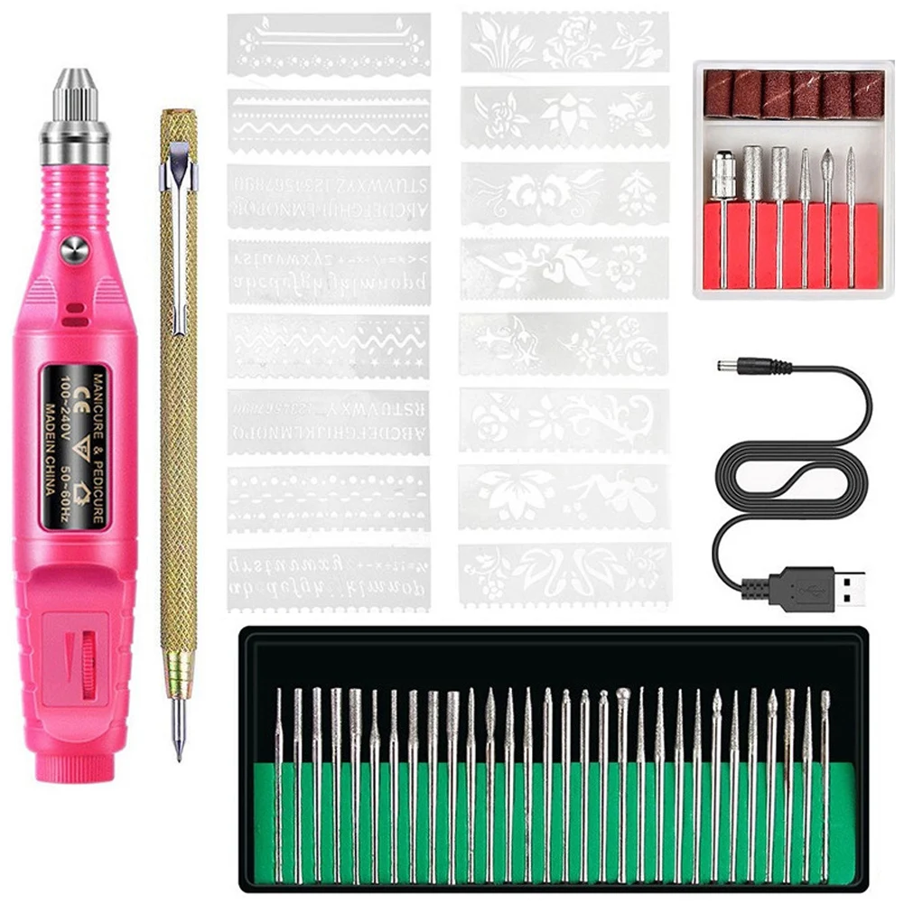 Mini pluma eléctrica de micrograbado, Kit de herramientas de grabado Diy para Metal, vidrio, plástico, madera, joyería con 6 cabezales de pulido