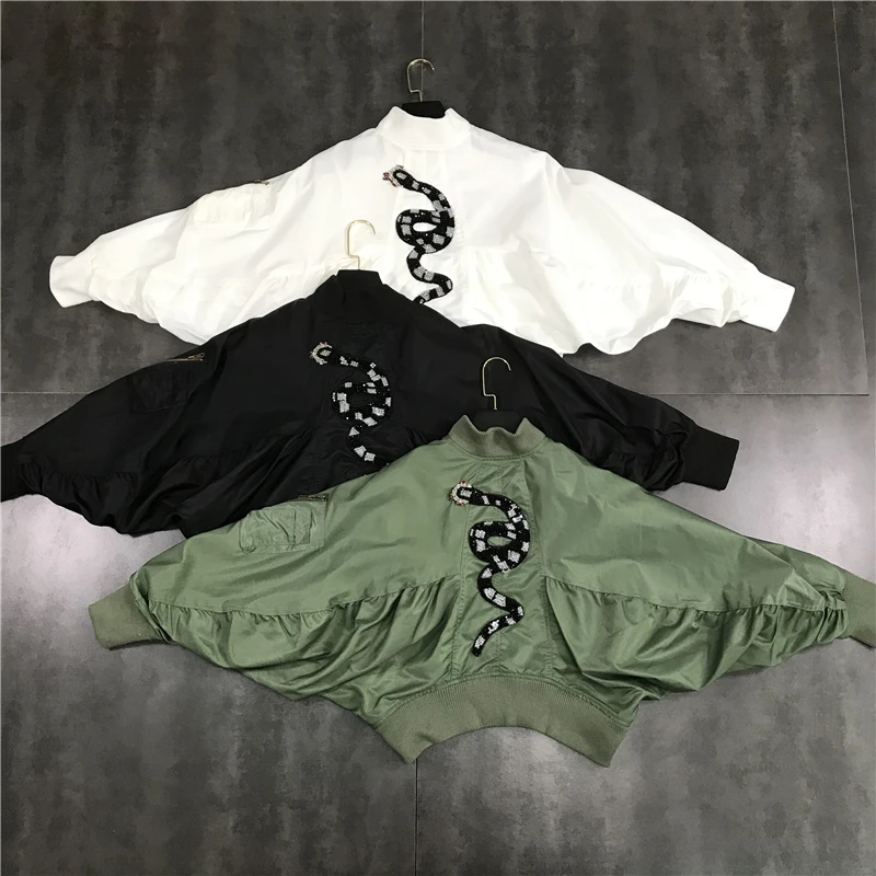 

New with money back of fund of 2019 autumn small snake beaded figure draw string bat sleeve pilot short coat jacket