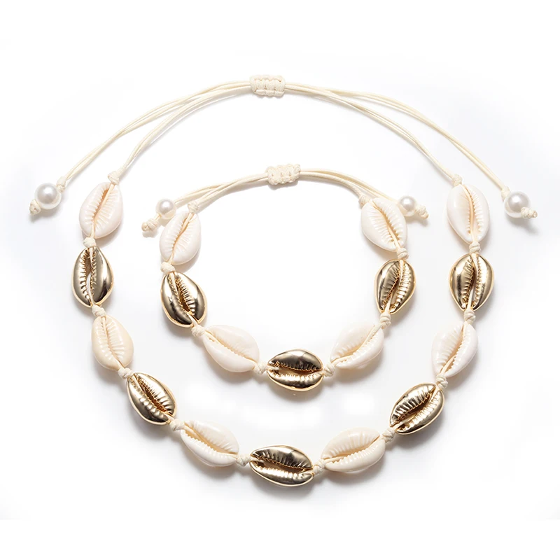 Натуральная раковина Каури ожерелье браслет набор Бохо пляжная раковина чокер воротник модная Веревка Цепь Регулируемая женская летняя бижутерия