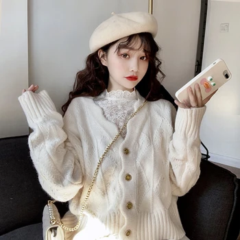 

Women's Autumn Winter Solid Color V-neck Cardigan Loose Long Sleeve Knitted Sweater Coat