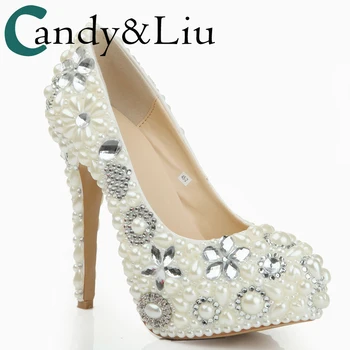 

New Pearl Wedding Shoes Clover Leaves Crystal Ultra-High Heel Dress Hate Sky High Waterproof Platform Thin Heeled Women's Shoes