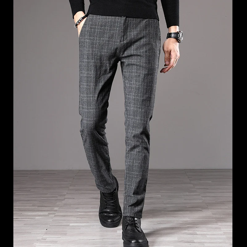 Новинка, Классические мужские клетчатые штаны с рисунком, мягкие вязанные высококачественные тканые осенне-зимние мужские длинные брюки, облегающие брюки - Цвет: Серый