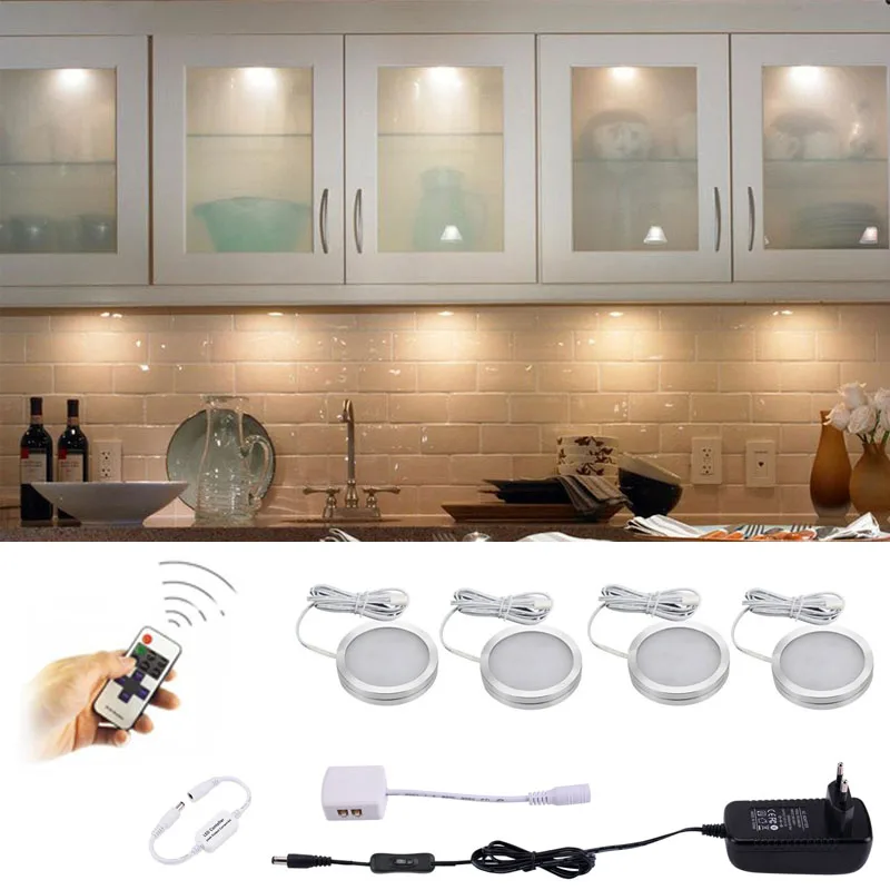 AIBOO LED Under Cabinet Light kitchen Puck Under Counter lights with Wireless RF Remote Dimmable for Shelf Furniture Lighting