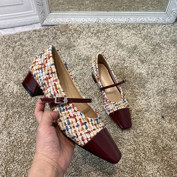 

Fashion high heel women shoes apricot, Red wine color-block tweed buckle Mary Jane shoes Spring new 3cm mid heel shoe sweet