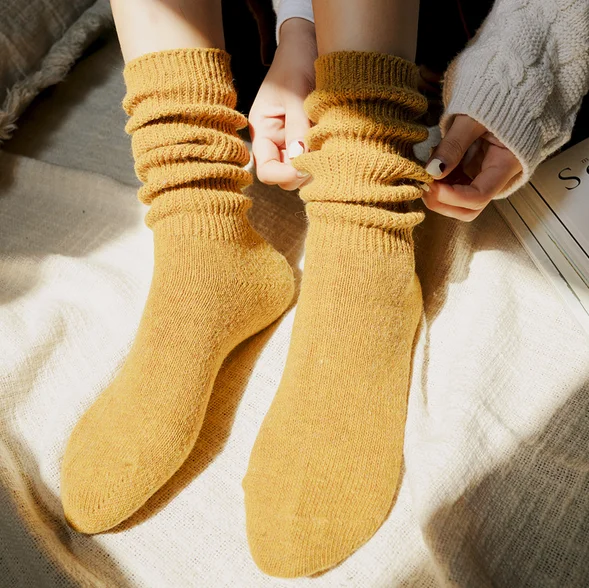 Популярные японские корейские высокие носки для девочек-школьниц, свободные однотонные носки с двойными спицами, вязаные хлопковые длинные плотные женские носки