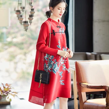 

Vintage Plus Size Dress Spring 2020 Women Fashion Printed Chinese Style Long sleeve Red Elegant Improved Cheongsam Dresses