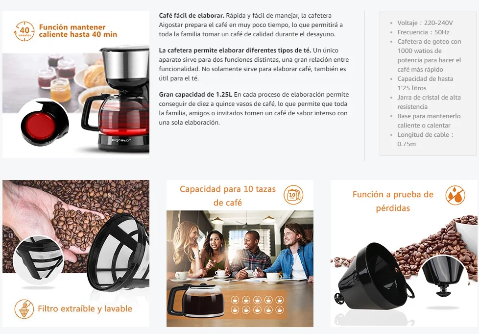 Cafetera de goteo - AIGOSTAR 812134N, 800 W, 12 tazas, Negro