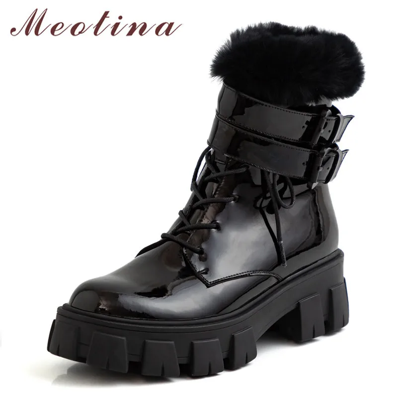 Meotina зимние ботинки на натуральном меху женские ботильоны на толстом каблуке из натуральной кожи с пряжкой теплая шерстяная обувь на молнии Женская обувь; размеры 34-39