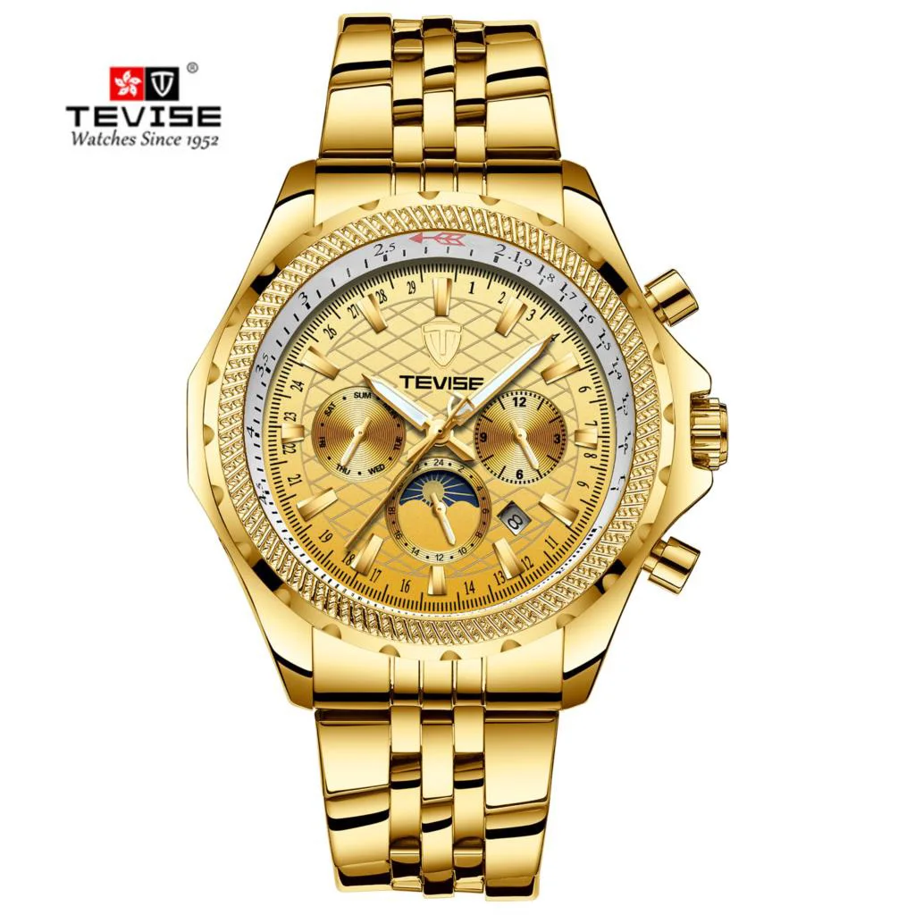 Steel-Gold Tevise Топ бренд класса люкс автоматические мужские механические часы Модные Бизнес Календарь Лунная фаза водонепроницаемые светящиеся часы Relogio - Цвет: Steel-Gold