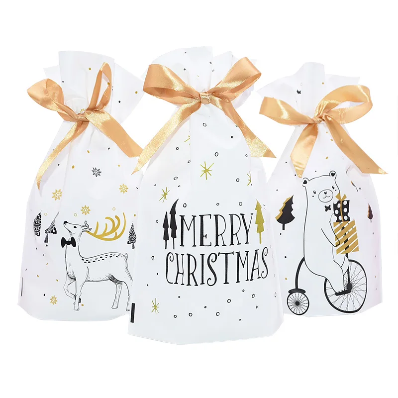 

5pcs Merry Christmas Candy Bag Plastic Drawstring Bags Silk Ribbon For Birthday Wedding Party Decora Kids Gift Wrapping Supplies