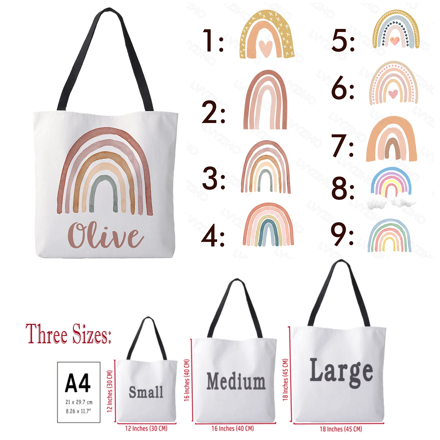 LVYZIHO Boho Watercolor Rainbow Personalized Name Shopping Travel Women High Quality All-Over-Print Tote Bag