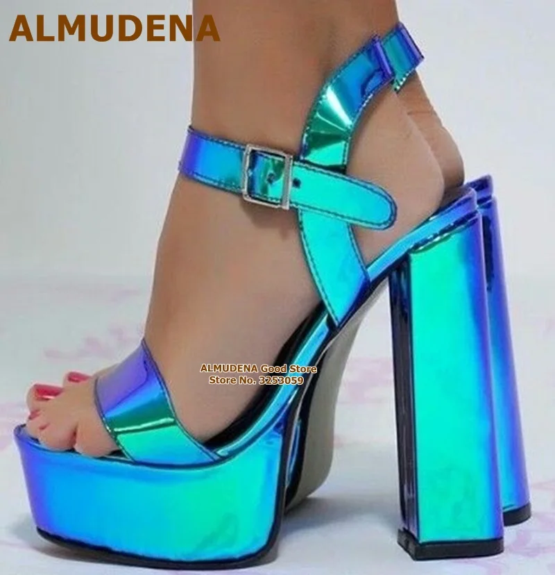 

ALMUDENA Fluorescent Blue Platform Sandals Women Luxury Chunky Heel Dress Shoes Ankle Buckle Strap Open Toe Runway Pumps Size46