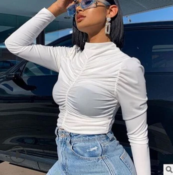 

New women's long sleeve pleated top fashion high collar solid color women's tight casual sexy solid color T-shirt