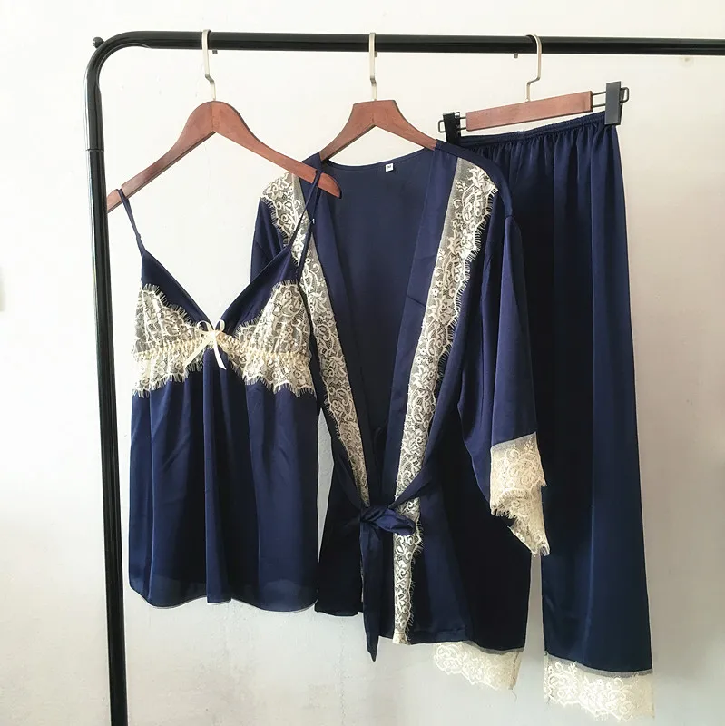 Navy Blue Ночная рубашка в китайском стиле, женский сексуальный халат, атласная кружевная ночная рубашка, с бюстгальтером, брюки, 3 предмета, одежда для сна, домашняя одежда, M-xl - Цвет: Navy Blue