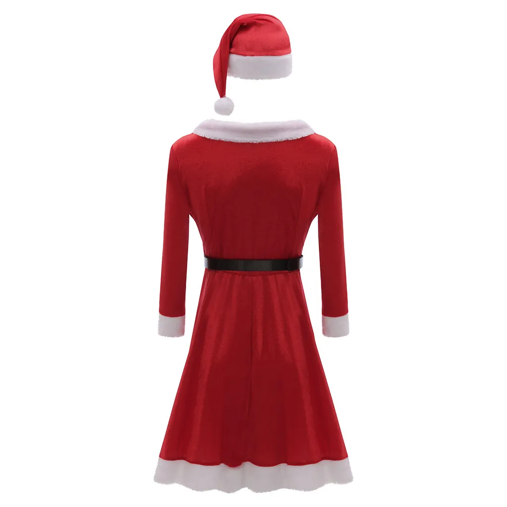 Стильная женская одежда, рождественские платья, однотонное женское платье с v-образным вырезом и длинным рукавом, бархатные Махровые Мини платья+ пояс+ шляпа, Рождественская одежда