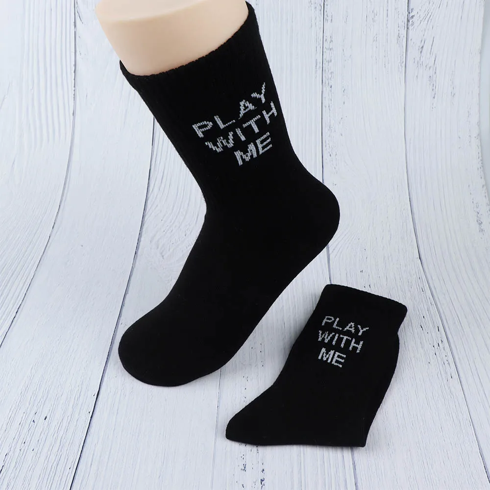 black 1 пара модных хлопковых дышащих повседневных носков с надписью «PLAY WITH ME» женские мягкие теплые удобные носки - Цвет: black