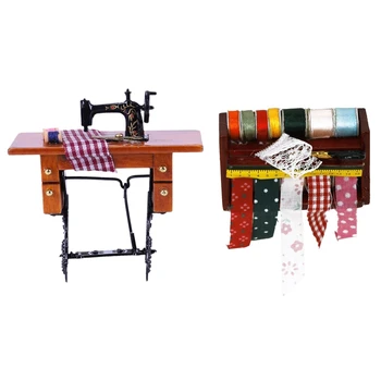 

2 Pcs Dollhouse Miniature Sewing Tape Cut Wooden Frame Shelf 1:12 with Accessory Wood Metal