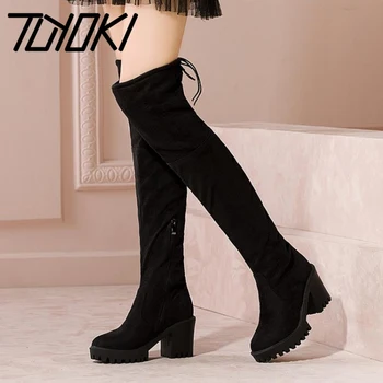 

Tuyoki Casual Thigh High Boots Women Black Square Heels Platform Shoes Women Winter Warm Zipper Casual Long Boots Size 34-43