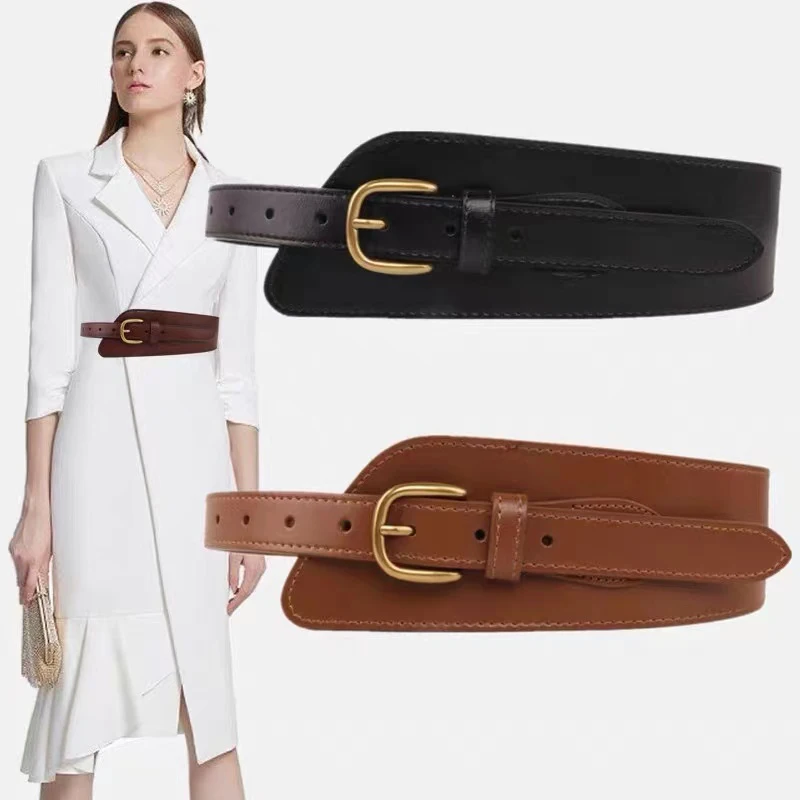 

Autumn And Winter New Women Genuine Leather Width Waistband Irregular Two-Layer Cowhide Decorative Wild Jacket With Skirt Belt