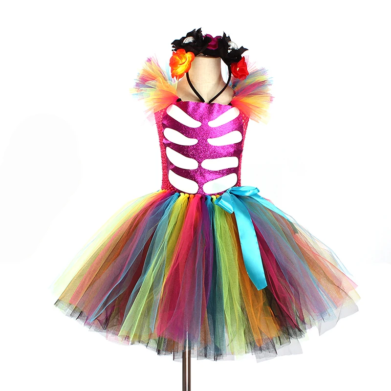 Day of the Dead Girl Skeleton Fancy Tutu Dress Halloween Dress Up Party Kids Baby Costume Funky Punk Bones Tutu Dress for Girls (10)