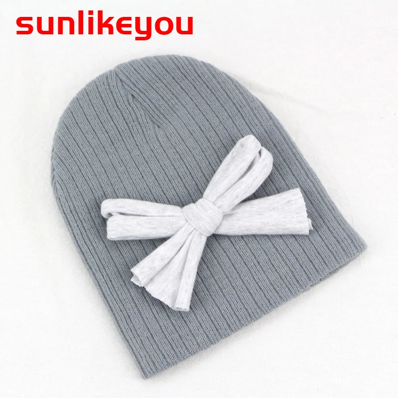 Sunlikeyou/вязаная шляпка для девочки с бантиками; шапка; сезон осень-зима; теплая детская шляпа с бантиком; Однотонный детский широкий берет-Боб; Enfant; детская одежда