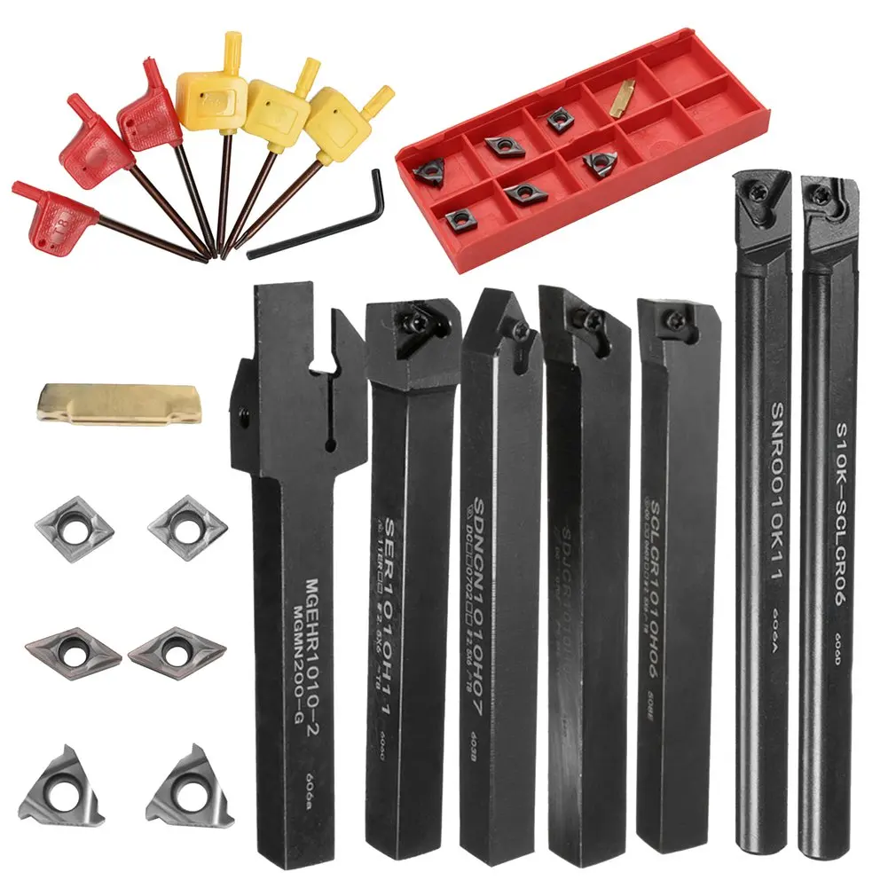 

21PCS/SET DCMT CCMT Carbide Insert + 10mm Boring Bar Tool Holder + Wrench For Lathe Turning Tool Shank Lathe Turning Tool