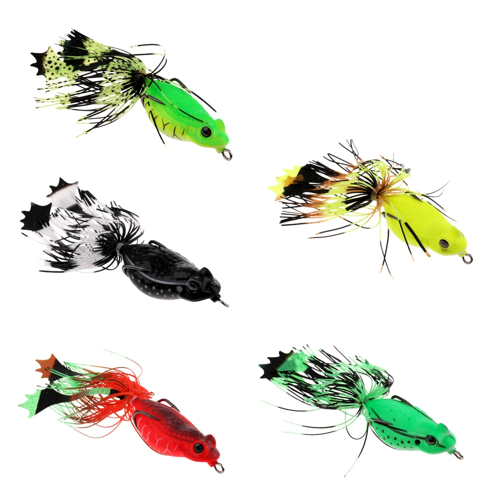 5Pcs Frog Fishing Lures Soft Baits Topwater Crankbait with Threads Skirts