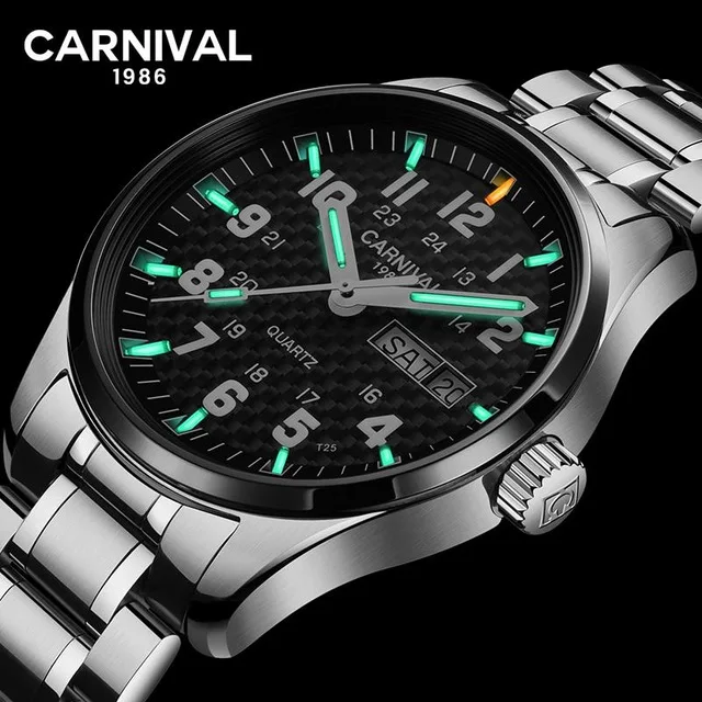 Silver Black Green Карнавал Роскошные углеродного волокна T25 Тритий Светящиеся кварцевые часы для мужчин Мода нержавеющая сталь наручные часы для мужчин s водонепроницаемые часы - Цвет: Silver Black Green