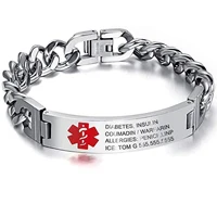 Medical Alert ID Stainless Steel Bracelet DIABETES EPILEPSY ALZHEIMER'S ALLERGY SOS  Jewelry Free Engraving 1