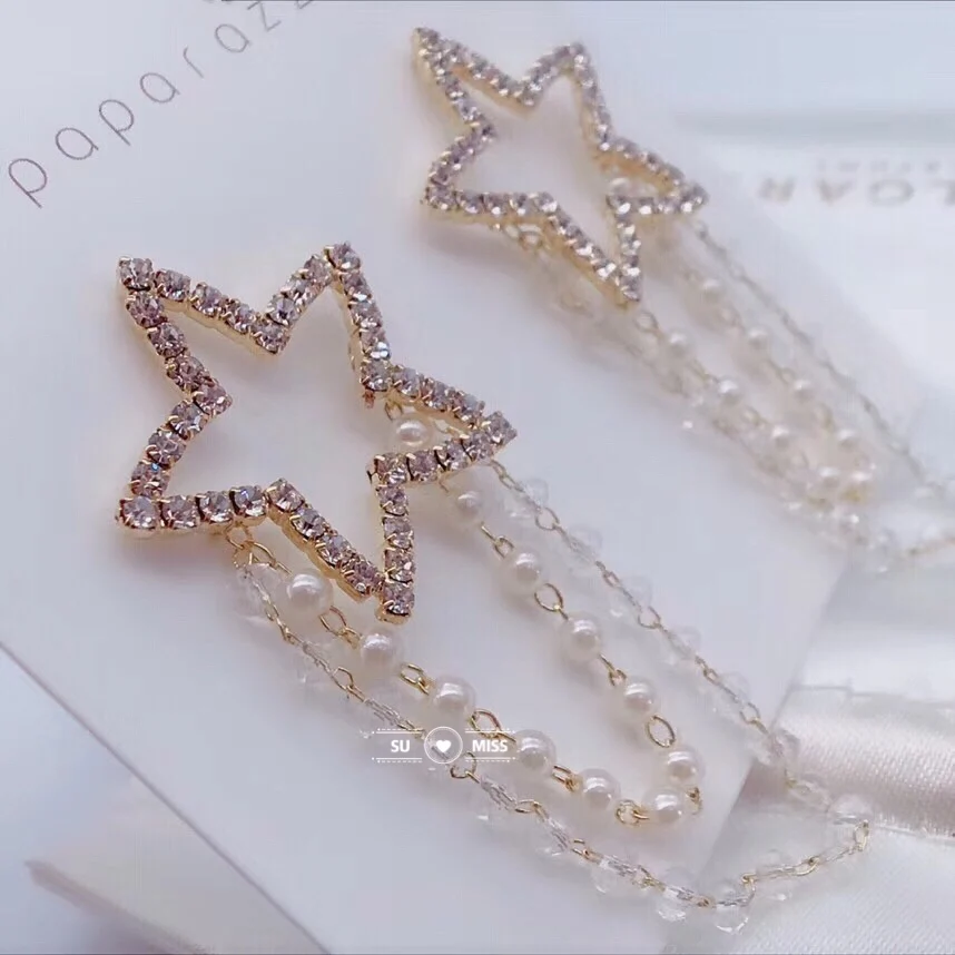 High Quality Star Design Long Link Chain Tassel Pearl Beads Drop Dangle Earrings Bohemian Vintage for Women Gift Free Shipping | Украшения