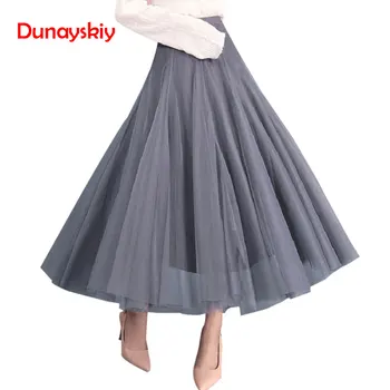

3 Layers Princess Tulle Skirts Vintage Solid Color Mesh Women Skirt Pleated A-line Saia Female Jupe Longue Tutu Skirts