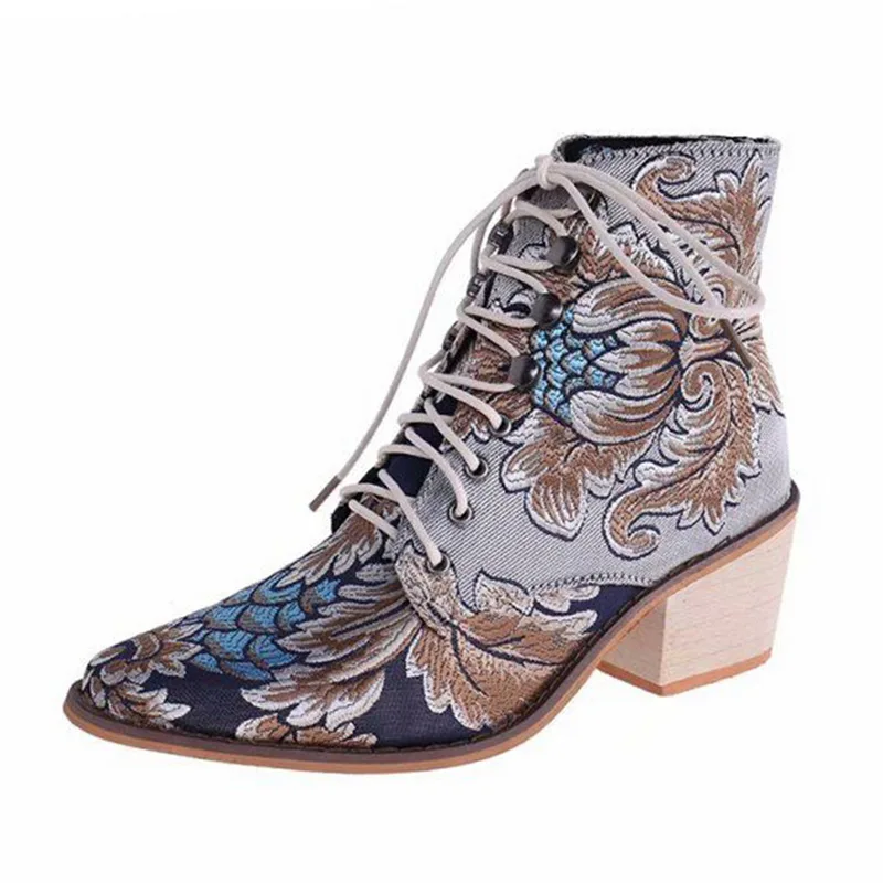 MoneRffi/Коллекция года; сезон весна; женские полусапожки в стиле ретро с вышитыми цветами; элегантные женские ботильоны на шнуровке; женские ботинки на массивном каблуке; Botas Mujer