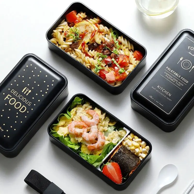 Портативный Двойной Прямоугольный Ланч-бокс черный 2 слоя Bento коробки контейнер для хранения еды микроволновая посуда коробка для еды для студентов
