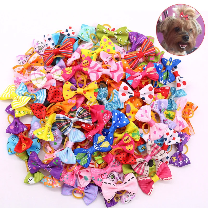 

20 Pieces/lot Cute Ribbon Pet Grooming Accessories Handmade Small Dog Cat Hair Bows with Elastic Rubber Band Mix Color