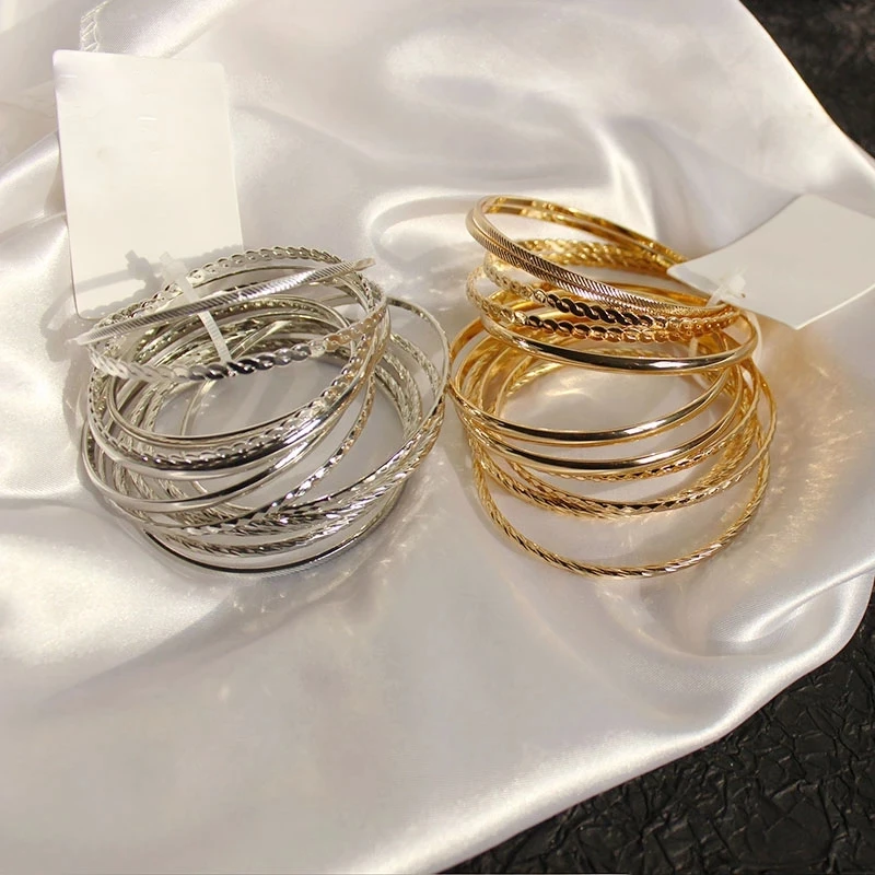 Gold Color Metal Alloy Big Circle Bracelet Bangles Sets For Women Girls Punk Bracelet Jewelry 12PCS/SET 6.8CM bracelet jewelry
